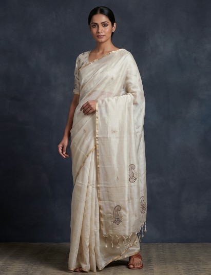 Beige artisanal embellished weaving tissue saree masterpiece