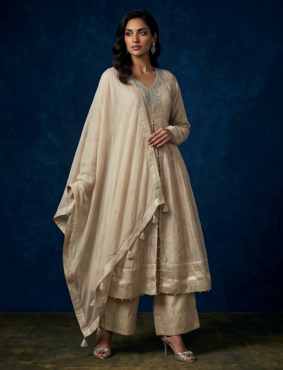Beige majestic zardosi shimmer wedding celebration attire