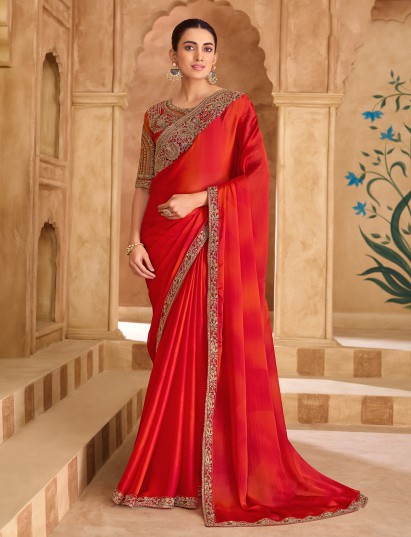 Orange sunset satin chiffon saree brilliance