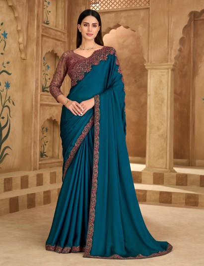 Teal blue satin shimmer festive saree beauty