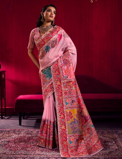 Pink blooming heritage artistry woven saree elegance