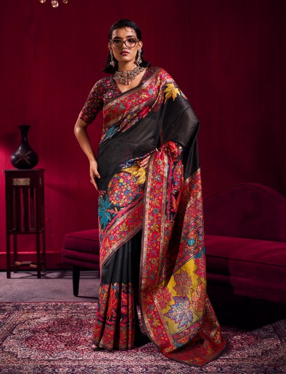 Black majestic floral weave ethnic saree grandeur