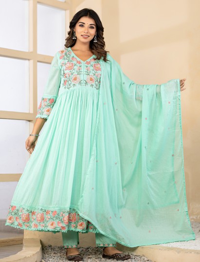 Mint green floral bloom anarkali kurti set with dupatta