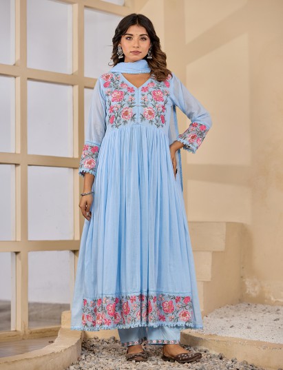 Blue embroidered garden charm anarkali kurti set with dupatta
