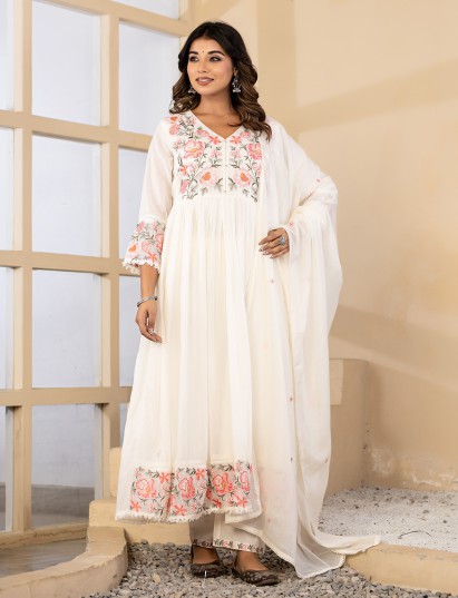 Off white floral elegance anarkali kurti set with dupatta