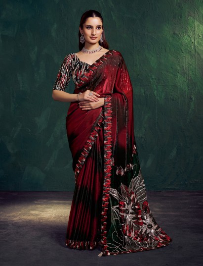 Maroon shaded satin silk party wear saree