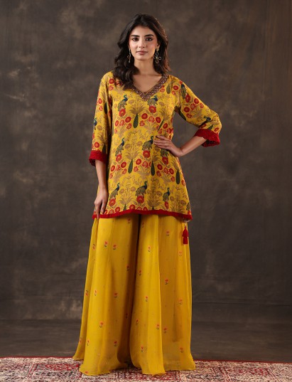 Yellow silk printed palazzo suit for festive wear
