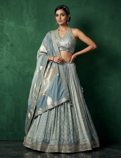 Grey silk lehenga with antique zari accents