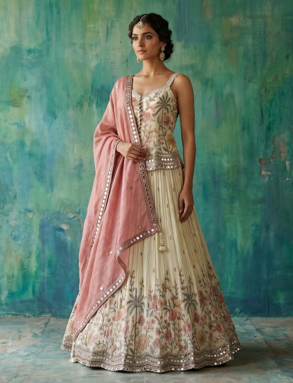 Cream heirloom floral lehenga with regal detailing