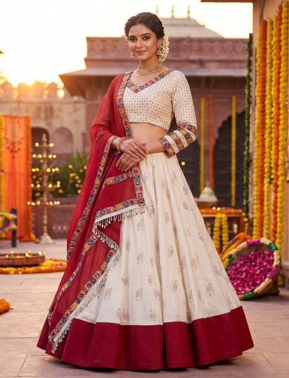 Off white festive elegance lehenga with maroon charm