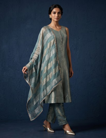 Green metallic brocade salwar suit with front slit design