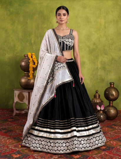 Black cotton silk lehenga choli with bandhani dupatta