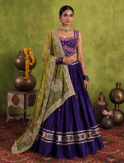 Deep purple cotton silk lehenga choli with contrast bandhani dupatta