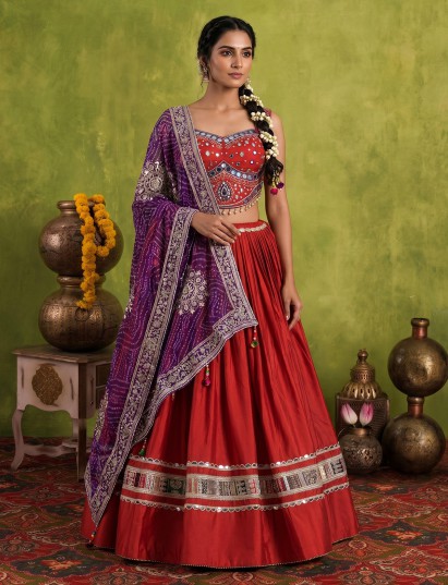 Brick red cotton silk lehenga choli with bandhani dupatta