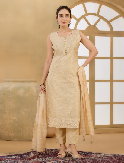 Cream linen silk straight cut festive wear salwar suit
