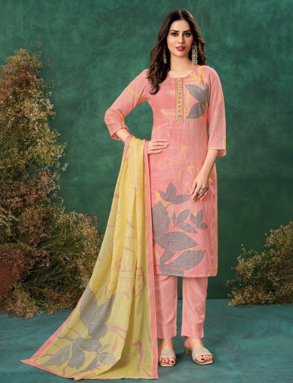 Pink linen salwar suit with dupatta in printed