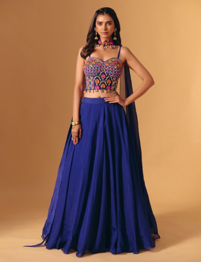 Blue georgette lehenga choli with cowrie shell for wedding wear