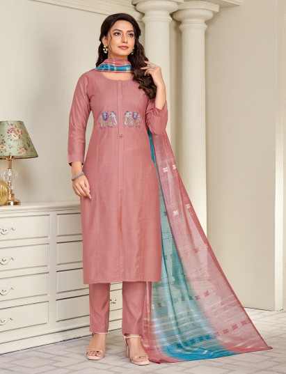 Graceful peach cotton silk salwar suit with sequin embroidery