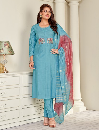Elegant blue cotton silk salwar suit with sequin work