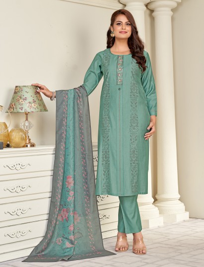 Festive green cotton salwar suit with printed dupatta