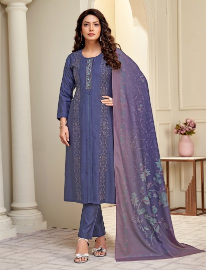 Stylish blue cotton salwar suit with printed dupatta