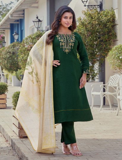 Charming green cotton embroidered salwar suit