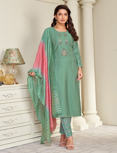 Sophisticated green silk embroidered salwar suit