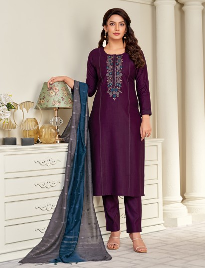 Rich wine cotton salwar suit with sequin embroidery