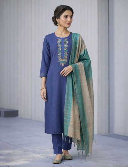 Festive blue cotton salwar suit with embroidered accents
