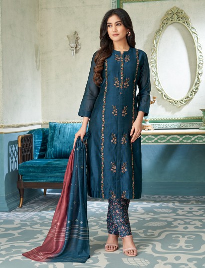 Festive Rama blue cotton silk salwar suit with sequin embroidery