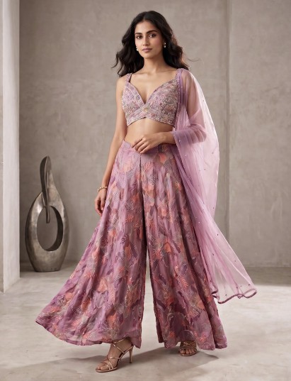 Light purple crepe wedding wear indo western palazzo suit