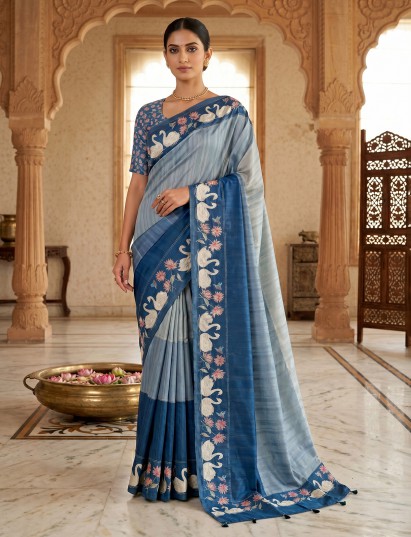 Blue swan lotus border tussar saree