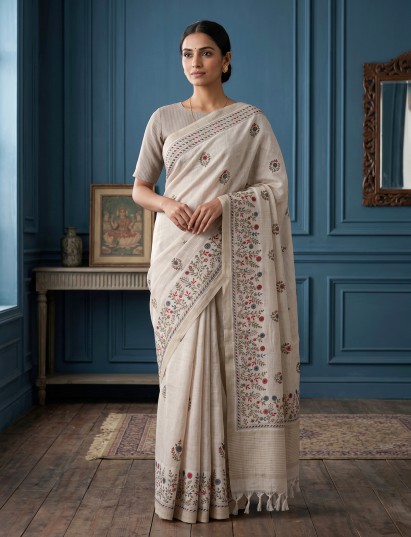 Light ivory multicolor floral border saree
