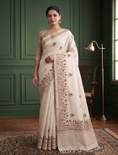 Light ivory blossom trail tussar saree