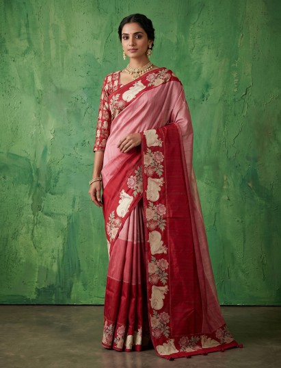 Red sacred lotus heritage silk saree