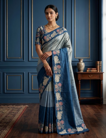 Slate blue kamdhenu lotus silk saree
