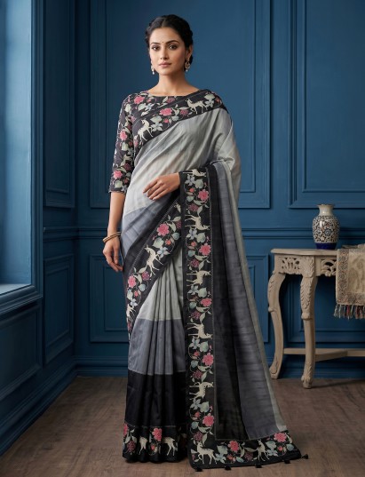 Black floral deer heritage tussar saree