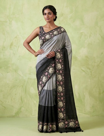 Black elephant procession festive tussar saree