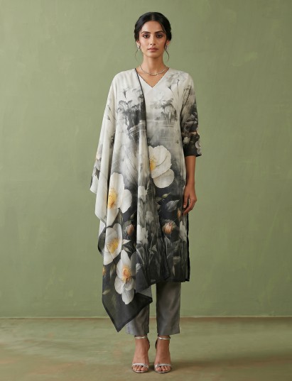 Cream and black printed cotton silk kurti set with dupatta