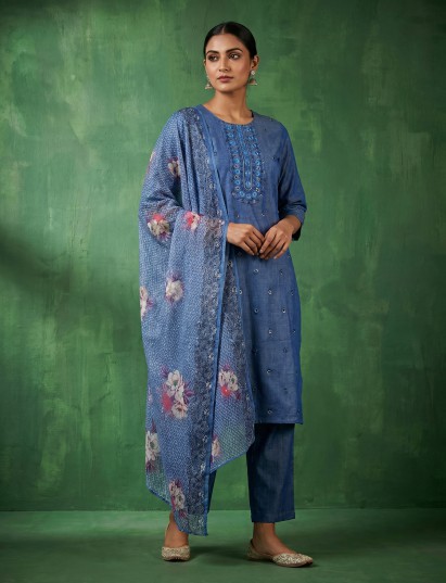 Indigo blue cotton kurti set with sequins detailed placket