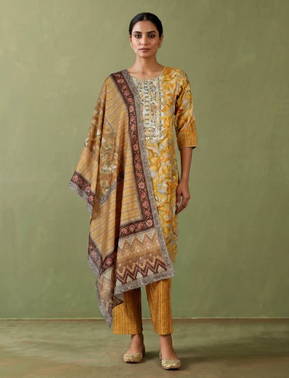 Mustard yellow floral print cotton blend kurti set