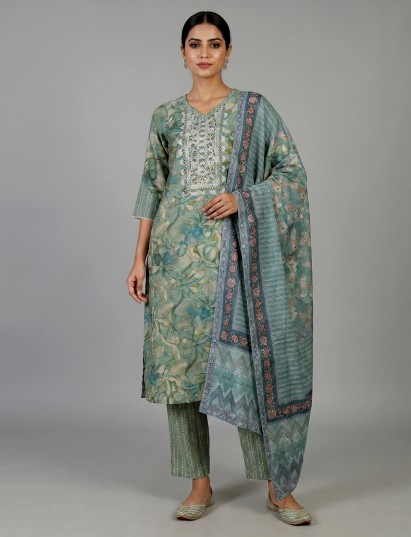 Sage green cotton kurti set with embroidered neckline