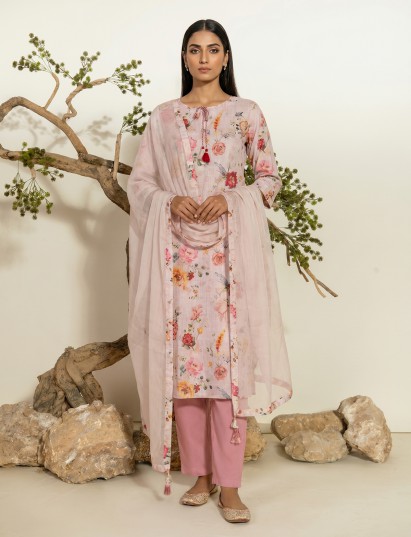 Cream floral print cotton kurti set with organza dupatta