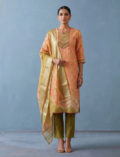 Peach silk floral printed kurti set for celebrations