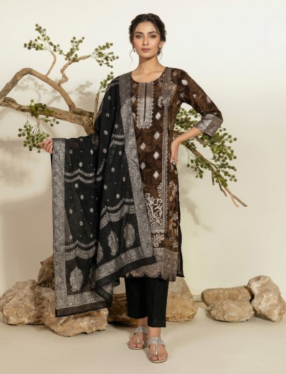 Brown silk festive kurti set with zari embellishments