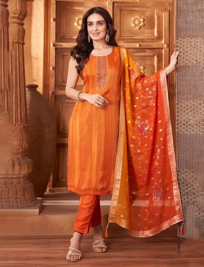 Orange silk festive wear salwar suit with zari work