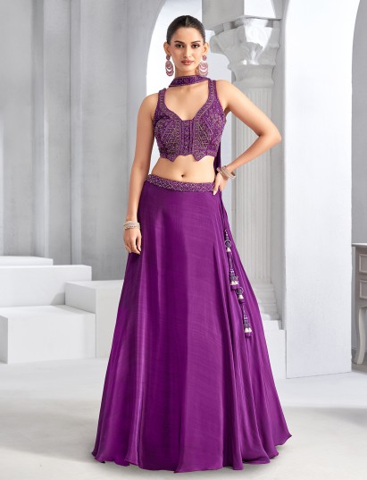 Purple wedding wear crepe silk lehenga choli
