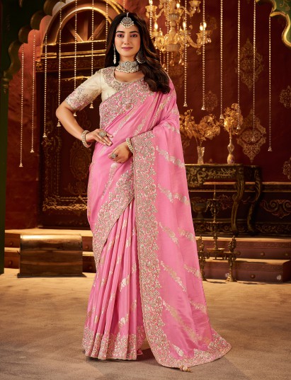 Light pink soft silk work saree with embroidery