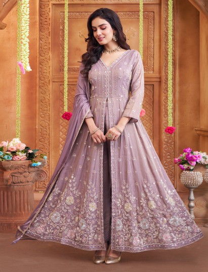 Light purple anarkali festive wear suit in tissue silk
