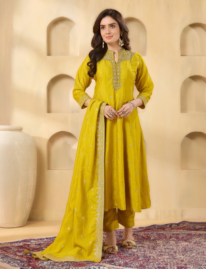 Yellow silk salwar suit with stand collar